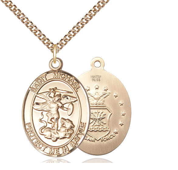 14kt Gold Filled Saint Michael Air Force Pendant on a 24 inch Gold Filled Heavy Curb chain