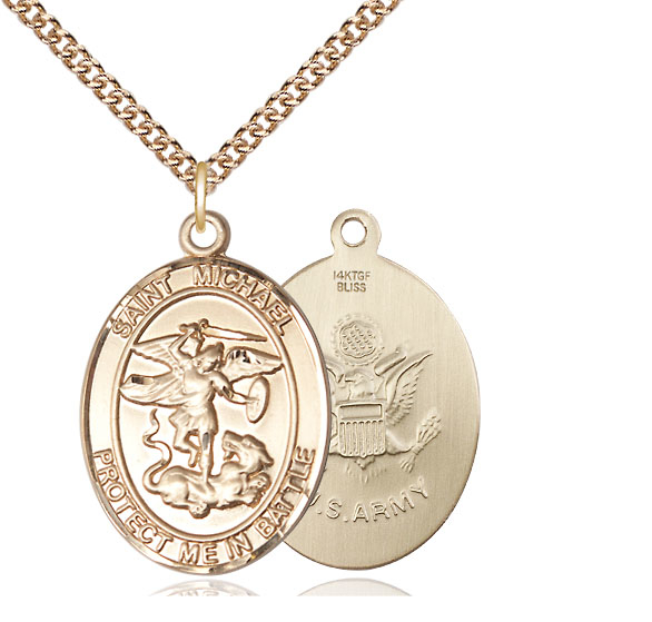 14kt Gold Filled Saint Michael Army Pendant on a 24 inch Gold Filled Heavy Curb chain