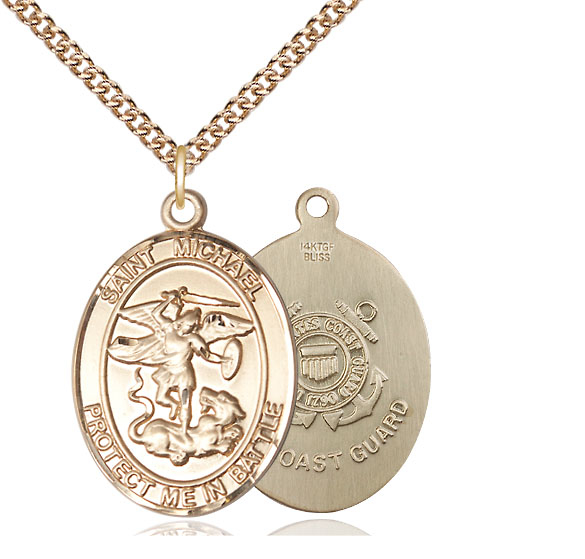 14kt Gold Filled Saint Michael Coast Guard Pendant on a 24 inch Gold Filled Heavy Curb chain