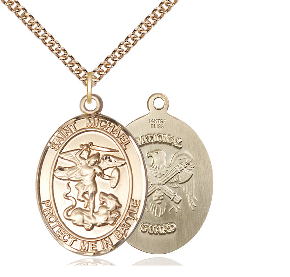 14kt Gold Filled Saint Michael National Guard Pendant on a 24 inch Gold Filled Heavy Curb chain