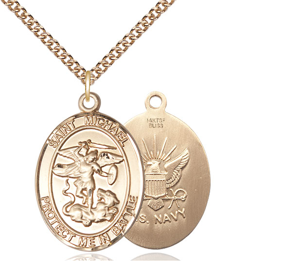 14kt Gold Filled Saint Michael Navy Pendant on a 24 inch Gold Filled Heavy Curb chain