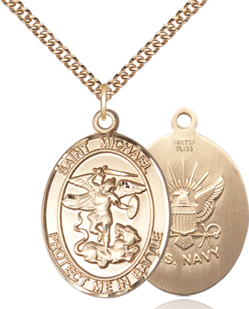 14kt Gold Filled Saint Michael Navy Pendant on a 24 inch Gold Filled Heavy Curb chain