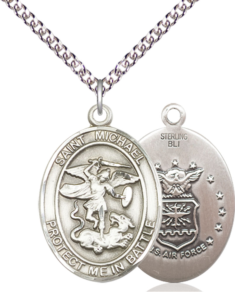 Sterling Silver Saint Michael Air Force Pendant on a 24 inch Sterling Silver Heavy Curb chain