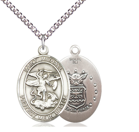 Sterling Silver Saint Michael Air Force Pendant on a 24 inch Sterling Silver Heavy Curb chain