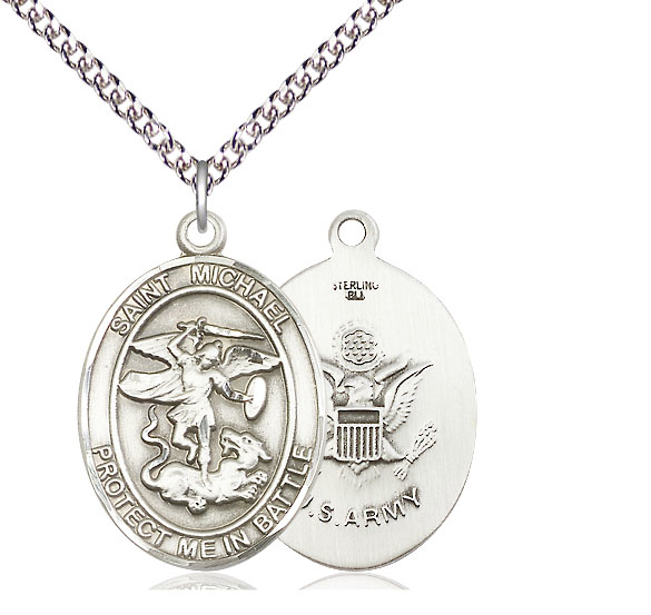 Sterling Silver Saint Michael Army Pendant on a 24 inch Sterling Silver Heavy Curb chain