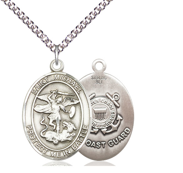 Sterling Silver Saint Michael Coast Guard Pendant on a 24 inch Sterling Silver Heavy Curb chain