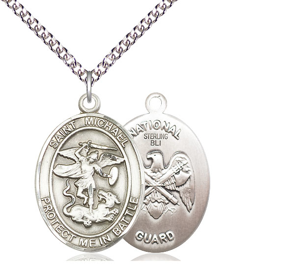 Sterling Silver Saint Michael National Guard Pendant on a 24 inch Sterling Silver Heavy Curb chain