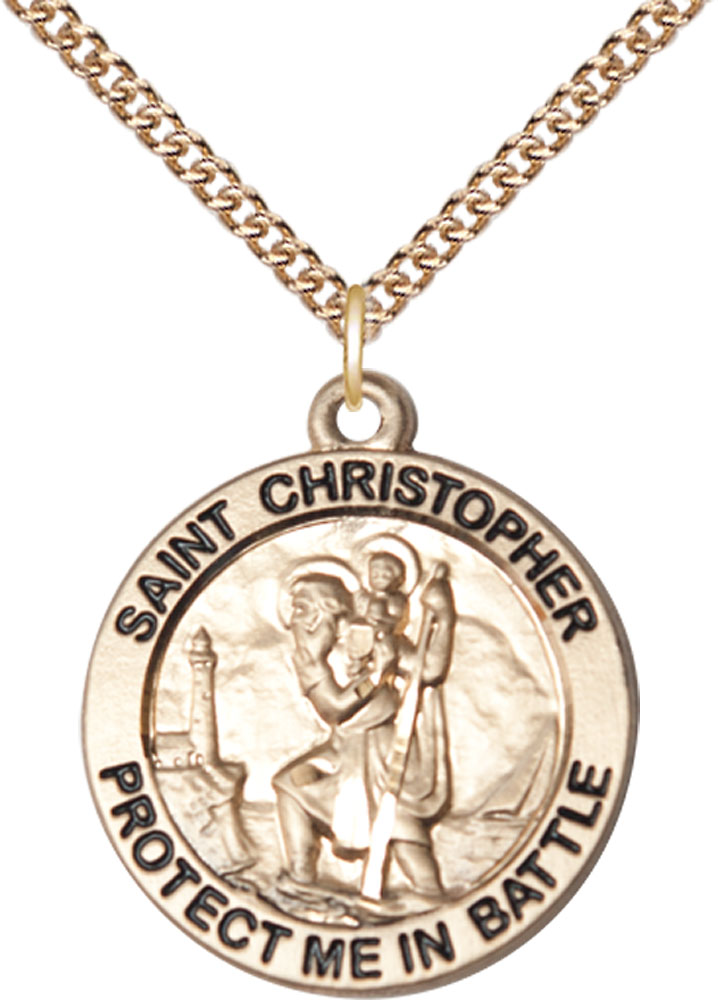 14kt Gold Filled Saint Christopher Pendant on a 24 inch Gold Filled Heavy Curb chain