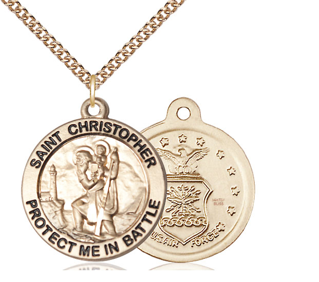 14kt Gold Filled Saint Christopher Air Force Pendant on a 24 inch Gold Filled Heavy Curb chain