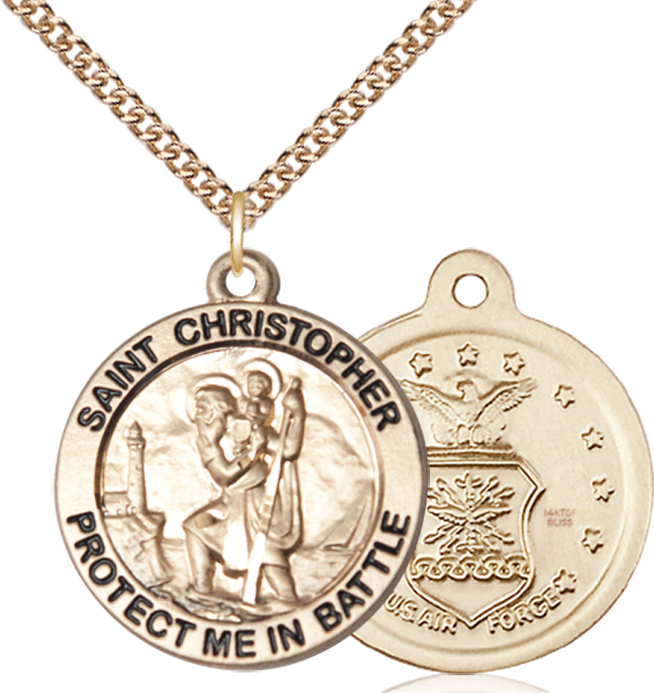 14kt Gold Filled Saint Christopher Air Force Pendant on a 24 inch Gold Filled Heavy Curb chain