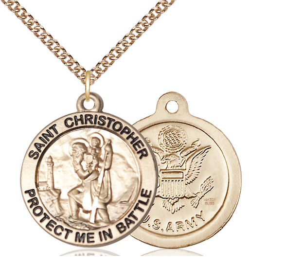 14kt Gold Filled Saint Christopher Army Pendant on a 24 inch Gold Filled Heavy Curb chain