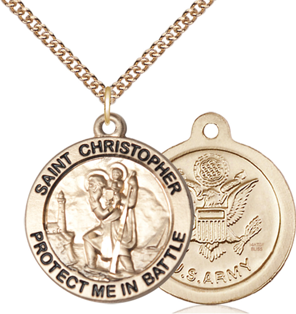 14kt Gold Filled Saint Christopher Army Pendant on a 24 inch Gold Filled Heavy Curb chain