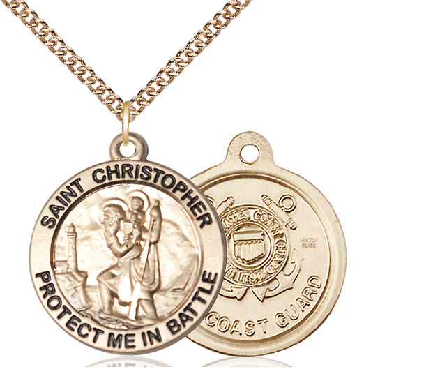 14kt Gold Filled Saint Christopher Coast Guard Pendant on a 24 inch Gold Filled Heavy Curb chain