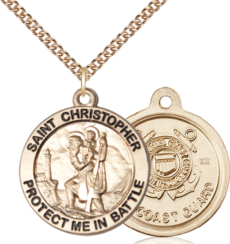 14kt Gold Filled Saint Christopher Coast Guard Pendant on a 24 inch Gold Filled Heavy Curb chain