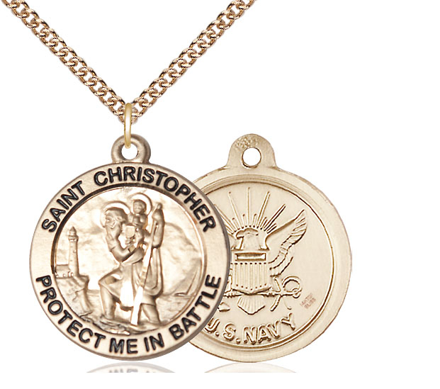 14kt Gold Filled Saint Christopher Navy Pendant on a 24 inch Gold Filled Heavy Curb chain