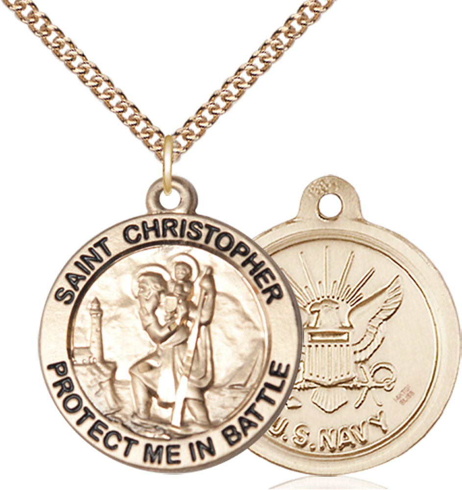 14kt Gold Filled Saint Christopher Navy Pendant on a 24 inch Gold Filled Heavy Curb chain
