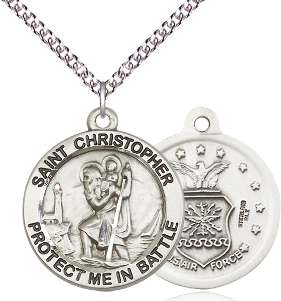 Sterling Silver Saint Christopher Air Force Pendant on a 24 inch Sterling Silver Heavy Curb chain