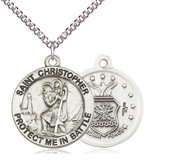 Sterling Silver Saint Christopher Air Force Pendant on a 24 inch Sterling Silver Heavy Curb chain