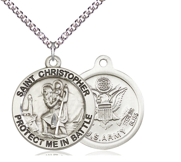 Sterling Silver Saint Christopher Army Pendant on a 24 inch Sterling Silver Heavy Curb chain