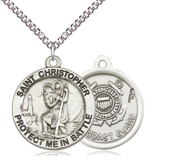Sterling Silver Saint Christopher Coast Guard Pendant on a 24 inch Sterling Silver Heavy Curb chain