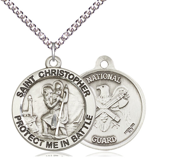 Sterling Silver Saint Christopher National Guard Pendant on a 24 inch Sterling Silver Heavy Curb chain