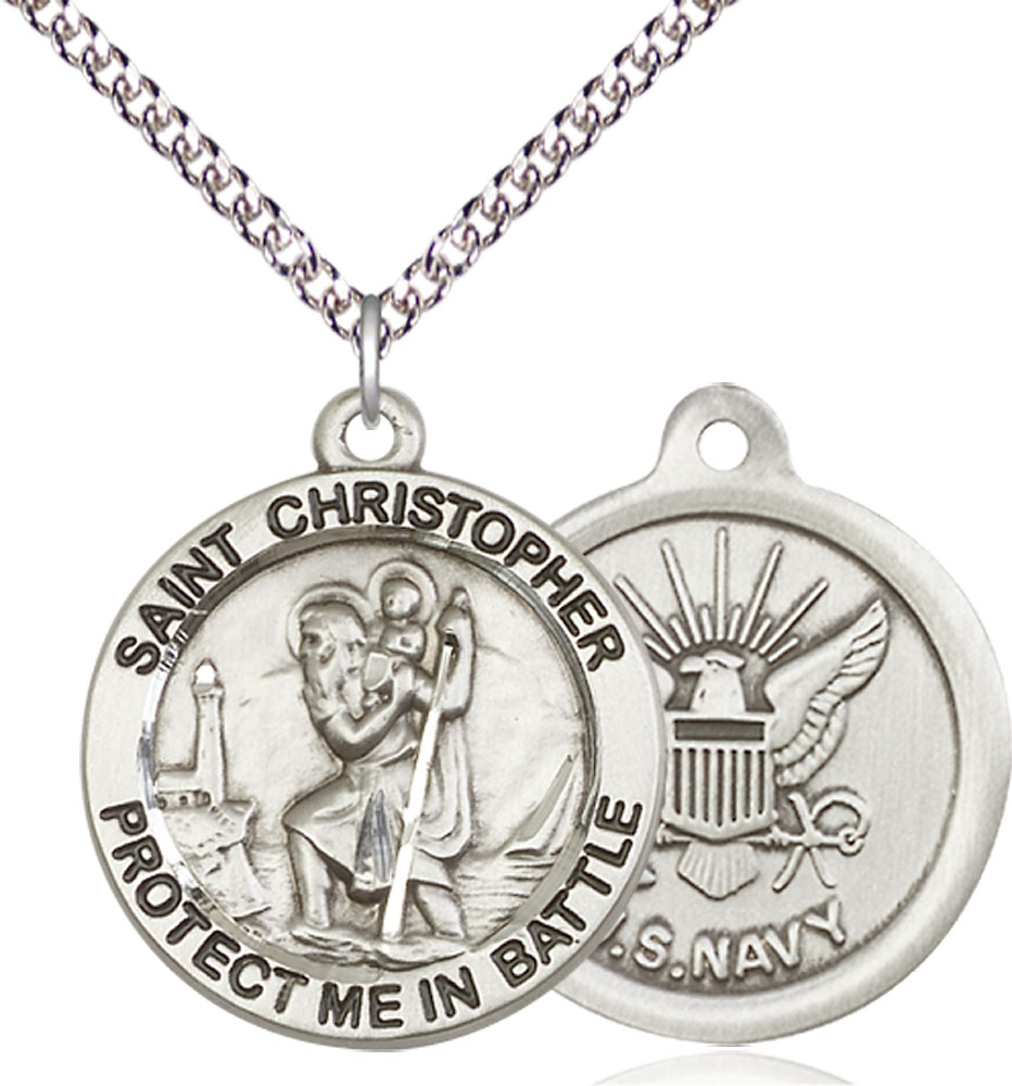Sterling Silver Saint Christopher Navy Pendant on a 24 inch Sterling Silver Heavy Curb chain
