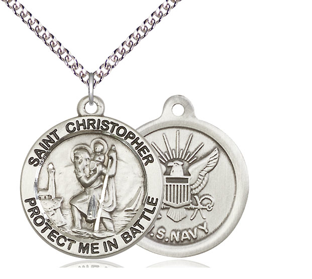 Sterling Silver Saint Christopher Navy Pendant on a 24 inch Sterling Silver Heavy Curb chain