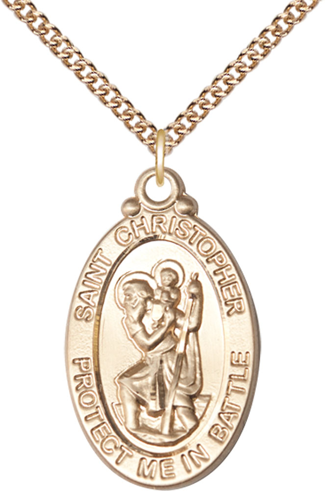 14kt Gold Filled Saint Christopher Pendant on a 24 inch Gold Filled Heavy Curb chain
