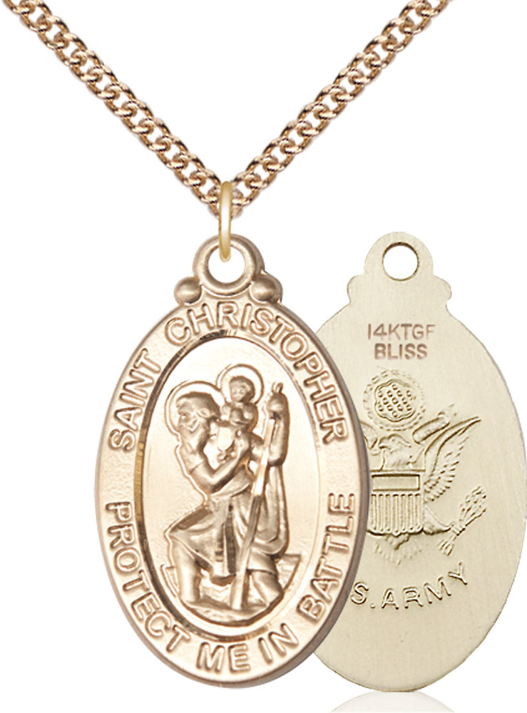 14kt Gold Filled Saint Christopher Army Pendant on a 24 inch Gold Filled Heavy Curb chain