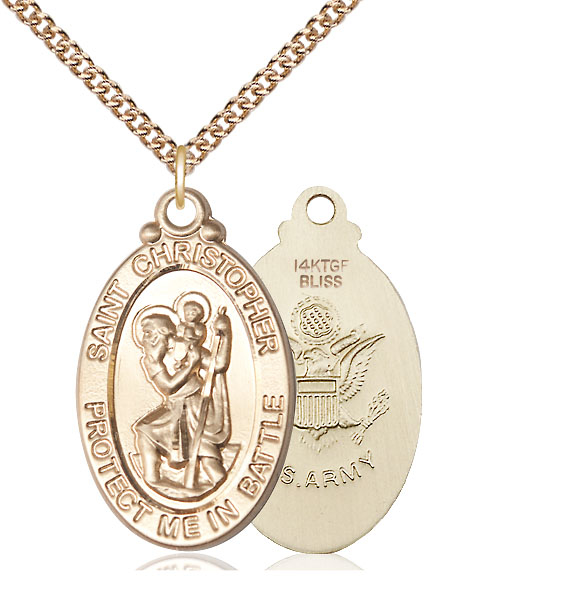 14kt Gold Filled Saint Christopher Army Pendant on a 24 inch Gold Filled Heavy Curb chain