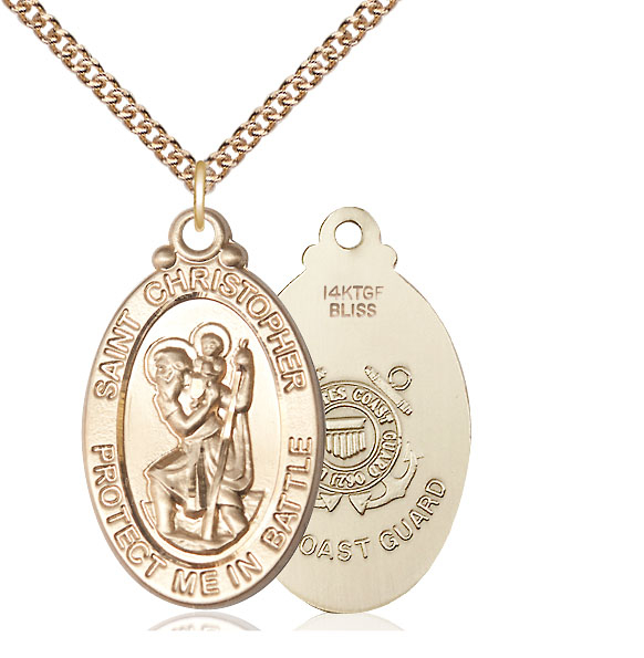 14kt Gold Filled Saint Christopher Coast Guard Pendant on a 24 inch Gold Filled Heavy Curb chain