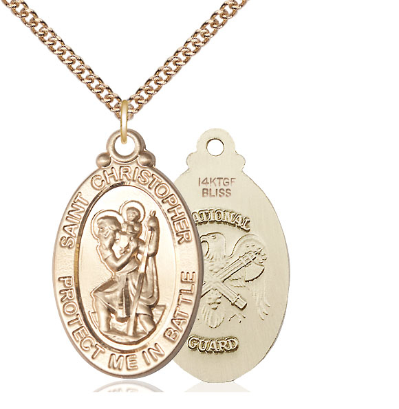 14kt Gold Filled Saint Christopher National Guard Pendant on a 24 inch Gold Filled Heavy Curb chain