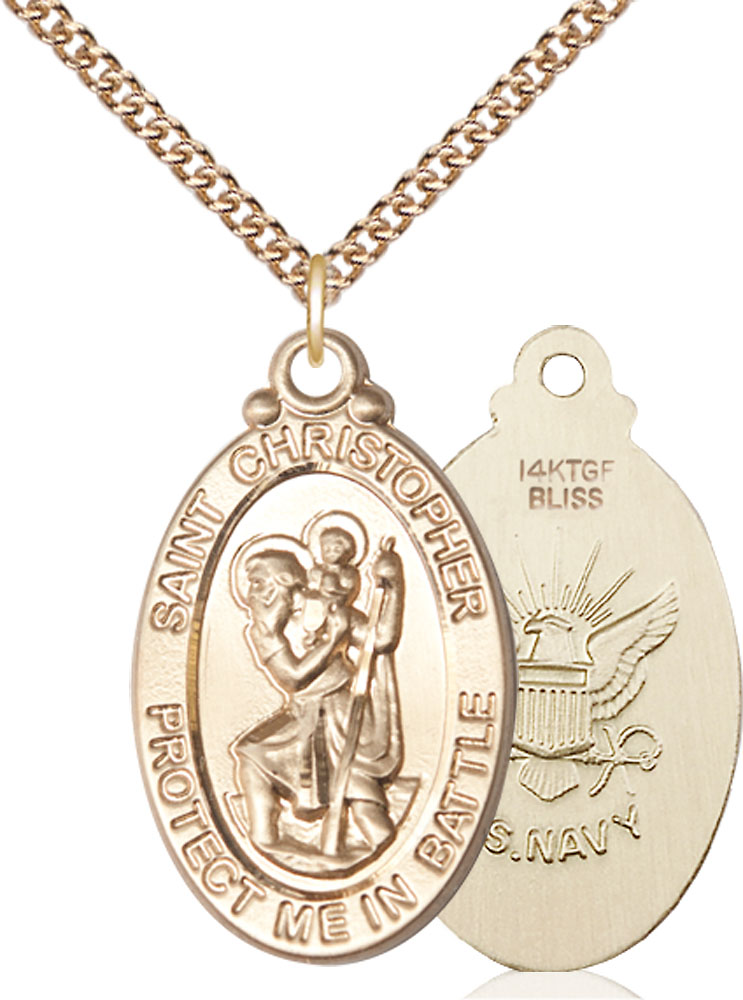 14kt Gold Filled Saint Christopher Navy Pendant on a 24 inch Gold Filled Heavy Curb chain
