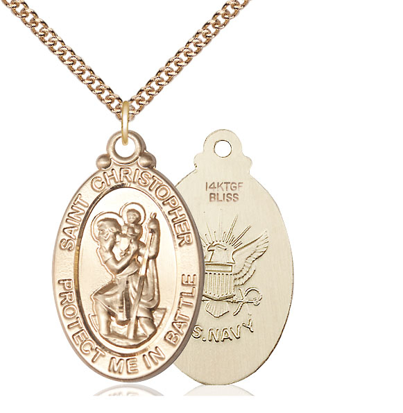 14kt Gold Filled Saint Christopher Navy Pendant on a 24 inch Gold Filled Heavy Curb chain