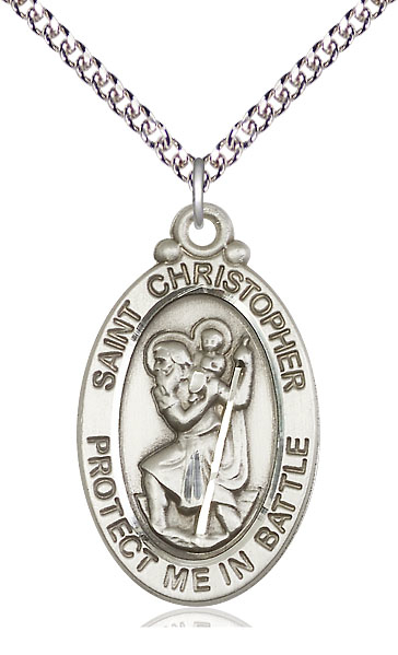 Sterling Silver Saint Christopher Pendant on a 24 inch Sterling Silver Heavy Curb chain