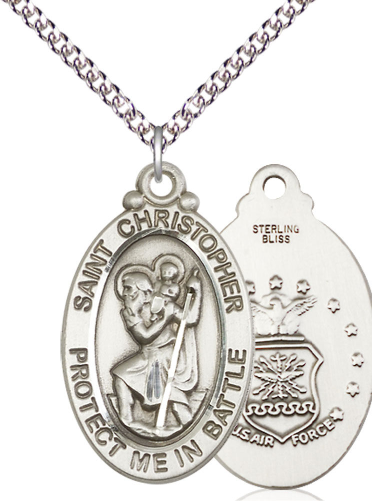 Sterling Silver Saint Christopher Air Force Pendant on a 24 inch Sterling Silver Heavy Curb chain