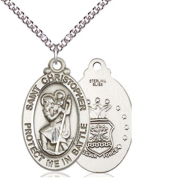 Sterling Silver Saint Christopher Air Force Pendant on a 24 inch Sterling Silver Heavy Curb chain