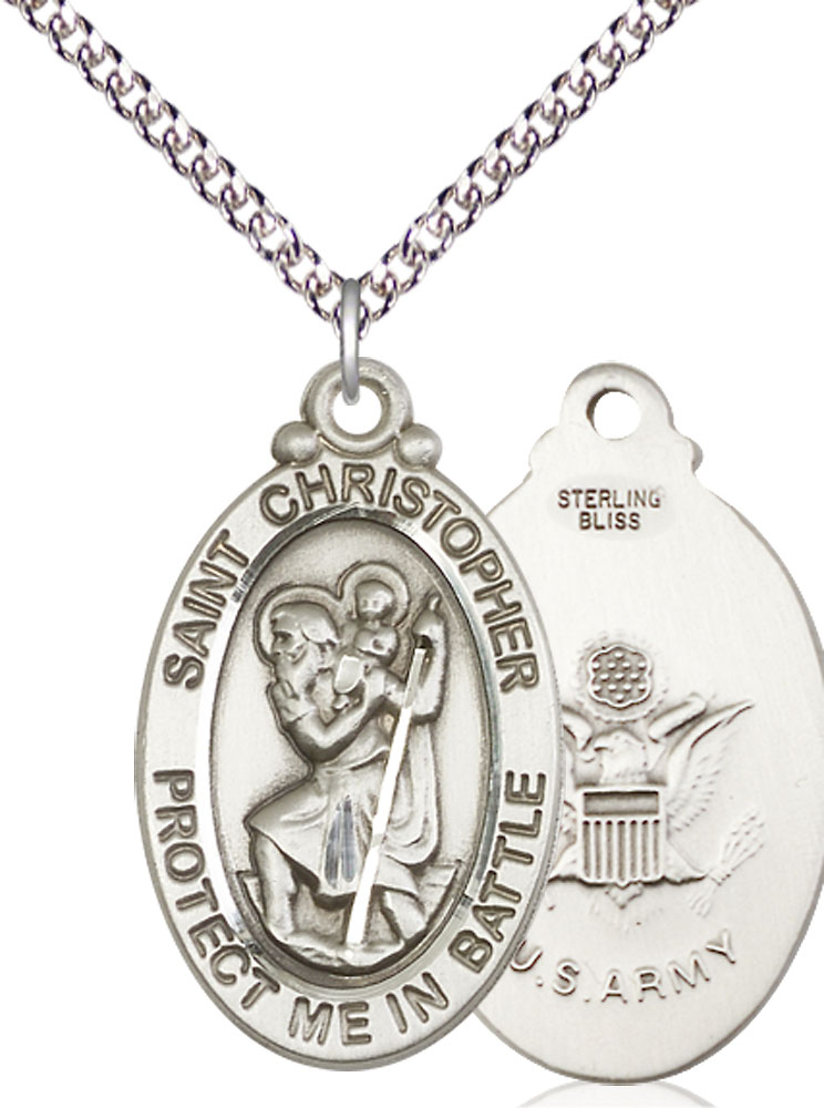 Sterling Silver Saint Christopher Army Pendant on a 24 inch Sterling Silver Heavy Curb chain