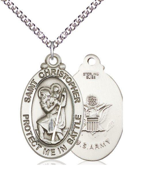 Sterling Silver Saint Christopher Army Pendant on a 24 inch Sterling Silver Heavy Curb chain