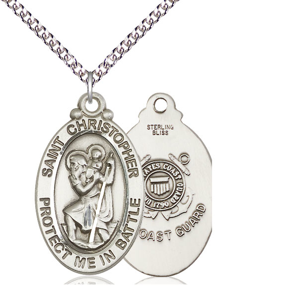 Sterling Silver Saint Christopher Coast Guard Pendant on a 24 inch Sterling Silver Heavy Curb chain