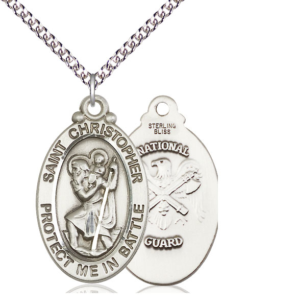 Sterling Silver Saint Christopher National Guard Pendant on a 24 inch Sterling Silver Heavy Curb chain