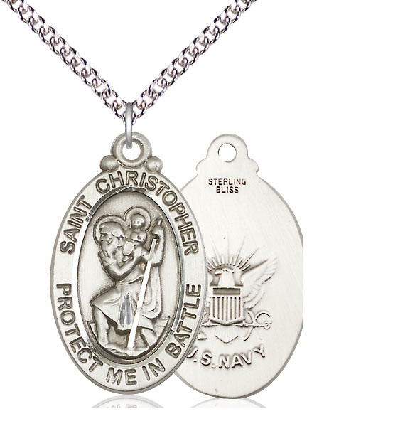 Sterling Silver Saint Christopher Navy Pendant on a 24 inch Sterling Silver Heavy Curb chain