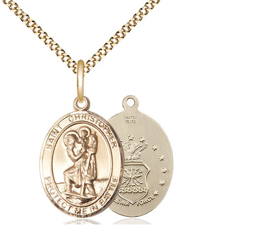 14kt Gold Filled Saint Christopher Air Force Pendant on a 18 inch Gold Plate Light Curb chain