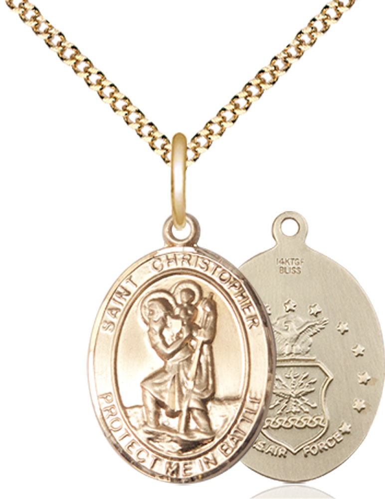 14kt Gold Filled Saint Christopher Air Force Pendant on a 18 inch Gold Plate Light Curb chain