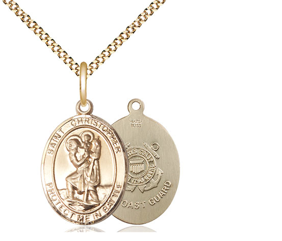 14kt Gold Filled Saint Christopher Coast Guard Pendant on a 18 inch Gold Plate Light Curb chain