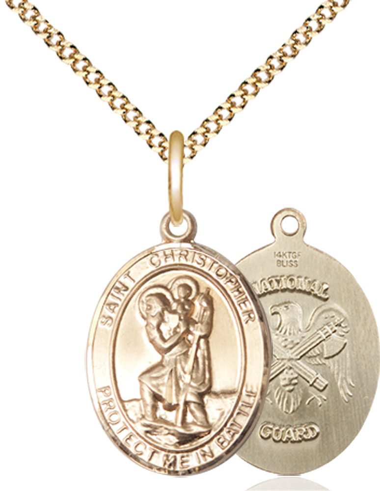 14kt Gold Filled Saint Christopher National Guard Pendant on a 18 inch Gold Plate Light Curb chain