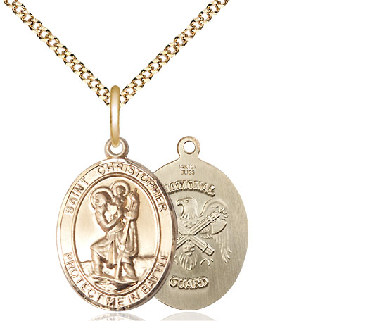 14kt Gold Filled Saint Christopher National Guard Pendant on a 18 inch Gold Plate Light Curb chain
