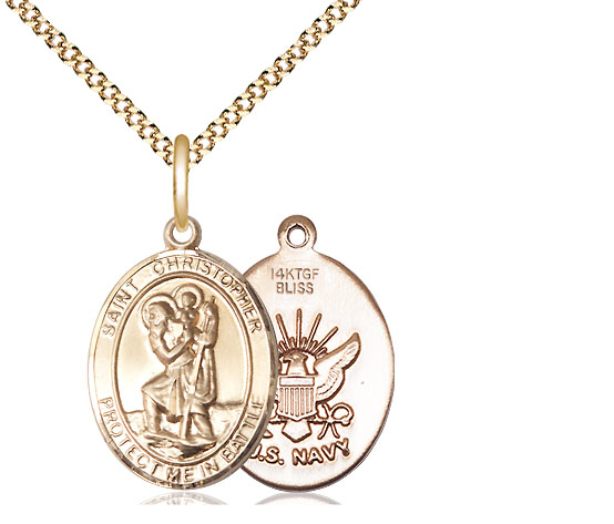 14kt Gold Filled Saint Christopher Navy Pendant on a 18 inch Gold Plate Light Curb chain