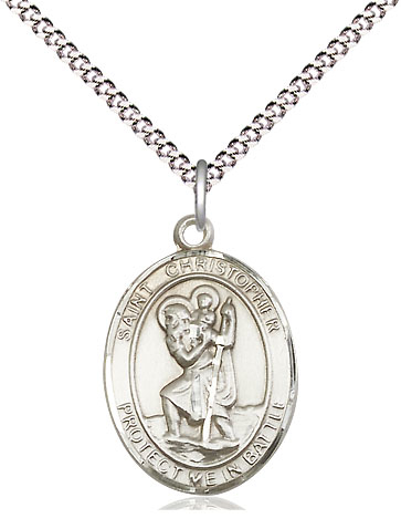 Sterling Silver Saint Christopher Pendant on a 18 inch Light Rhodium Light Curb chain