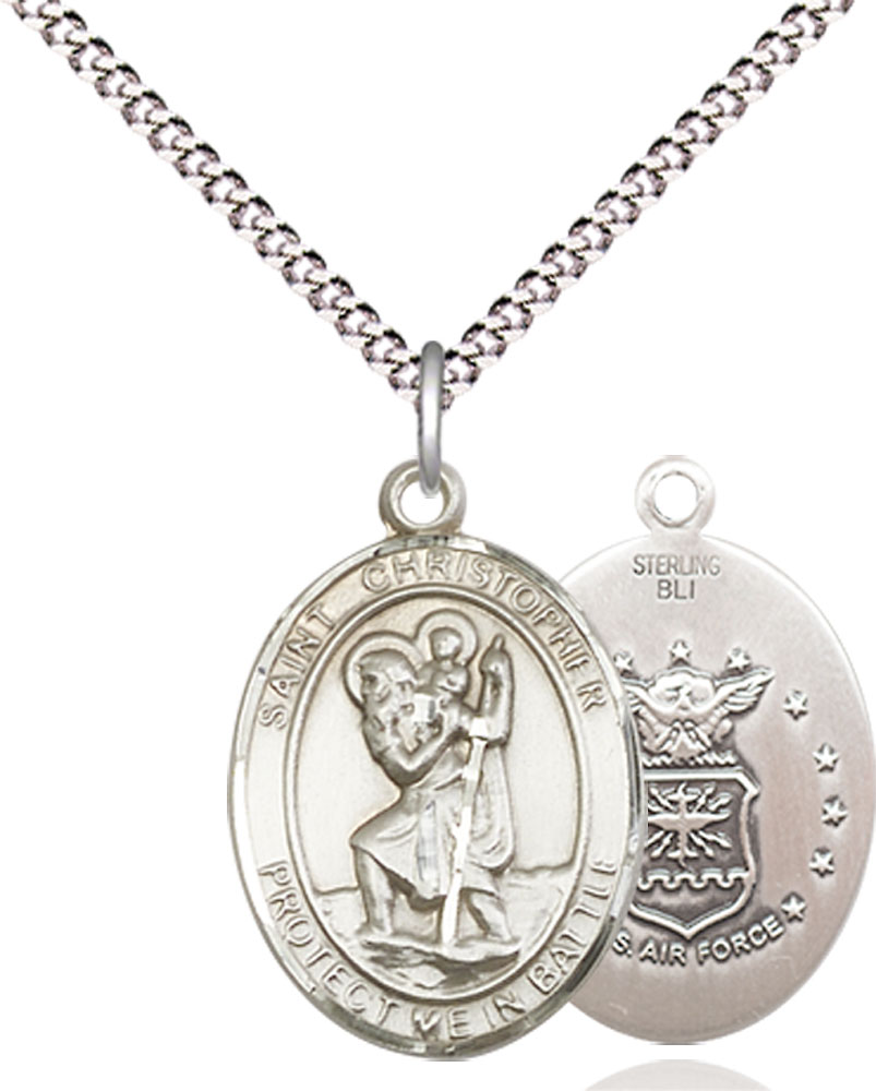 Sterling Silver Saint Christopher Air Force Pendant on a 18 inch Light Rhodium Light Curb chain